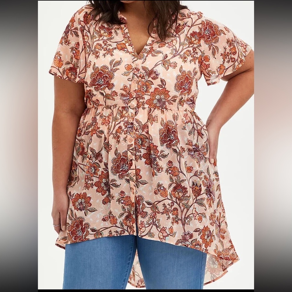 Torrid V Neck Lexie Babydoll High Low Tunic Top Chiffon Floral Pink Size 00 M